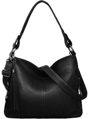 Women's Black Tassel Genuine Leather Slouchy Purse Crossbody Bag Zipper Pocket